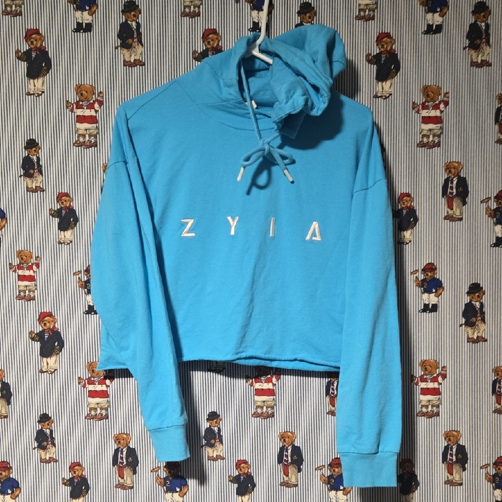 ZYIA Active Baby Blue Raw Edge Cropped Hoodie Small Cotton Spandex Activewear